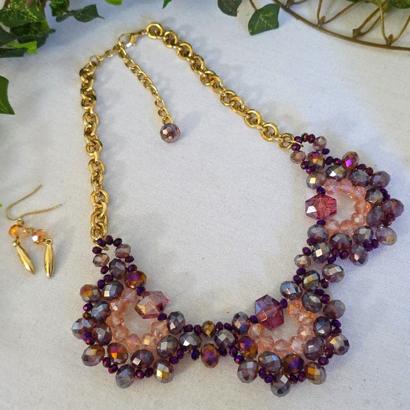 Gold Chain Necklace with AB Purple Faceted Glass Bead Bib and Earrings Set - Picture 4 of 10